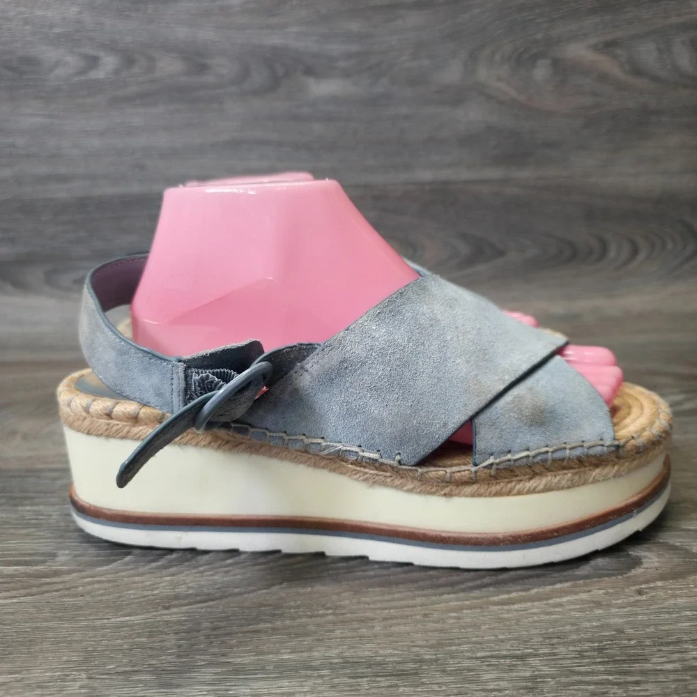 Marc Fisher Sandals Womens 9.5M Blue Leather Espadrille‎ Platform Glenna Wedge